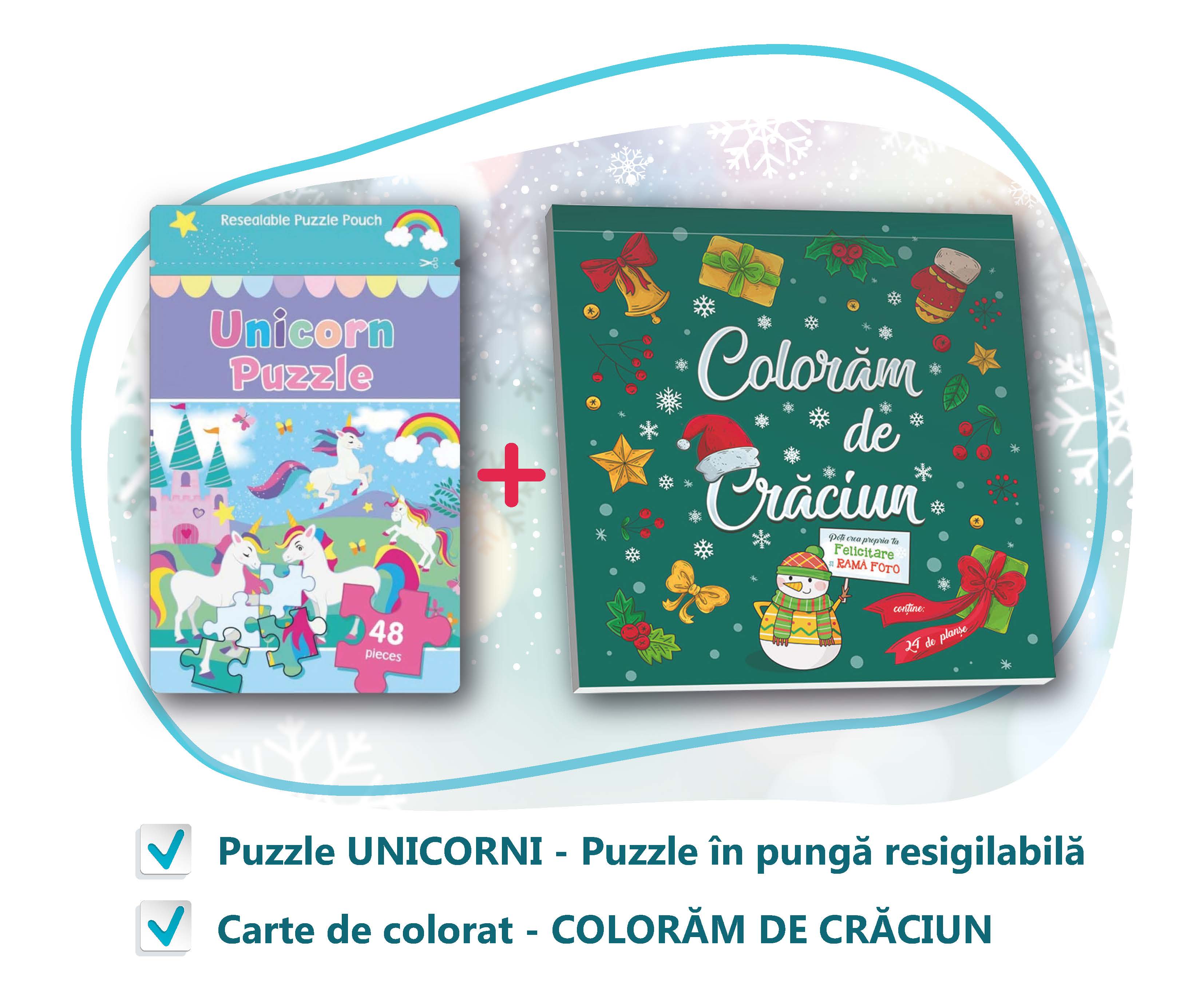 Pachet cadou Craciun - Carte de colorat + Puzzle Unicorn
